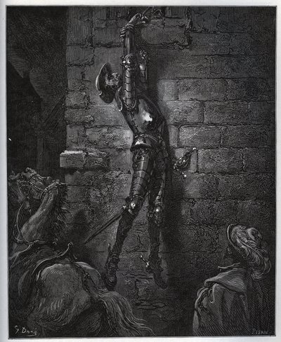 Don Quijote, uvězněný dcerou hostinského a Maritornes, zůstává zavěšen na okně. - z „Don Quijote de la Mancha“ od Miguela Cervantese (1547-1616) (Don Quijote) - Dřevoryt podle kresby Gustava Dore od Gustave Dore