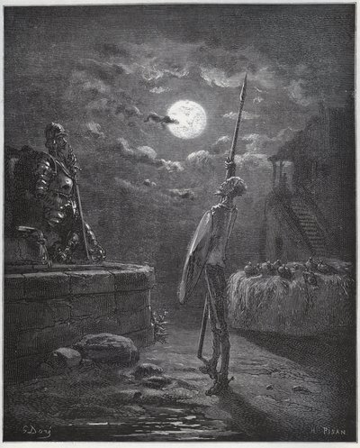 Don Quijote si hlídá paže – z „Don Quijote de la Mancha“ od Miguela Cervantese od Gustave Dore
