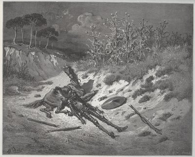 Don Quijote rány prosí misericorde a pomoc postav své fantazie - z „Don Quijote de la Mancha““ od Miguela Cervantese (1547-1616) (Don Quijote) - Dřevoryt podle kresby Gustava Dore od Gustave Dore