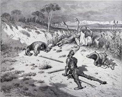 Moralizování Dona Quijota o nevděku z knihy "Don Quijote de la Mancha" od Miguela Cervantese (1547-1616), vyryl Heliodore Joseph Pisan (1822-90), asi 1868. od Gustave Dore
