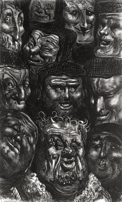 Jedenáct groteskních tváří z „Les Contes Drolatiques“ od Honore de Balzac (1799-1850) vyryté Predhomme od Gustave Dore