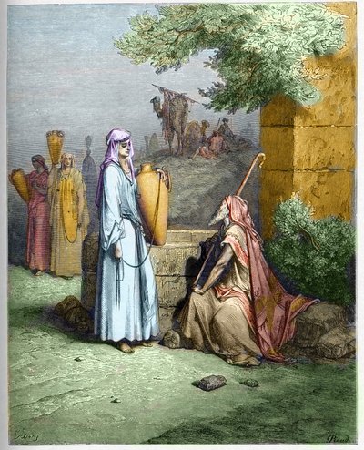 Eliezer a Rebeka – Eliezerovi, Abrahamovu služebníkovi, nabízí Rebeka – Eliezer a Rebecca napít vody – rytina v „The Bible illustree“ od Gustava Dore (1832-1883) – rytina z „“The Dore Bible““ od Gustave Dore