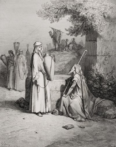 Eliezer a Rebeka, Genesis 24:15-21, ilustrace z Doreovy „Svaté bible“, vyryté Piaudem, 1866 od Gustave Dore