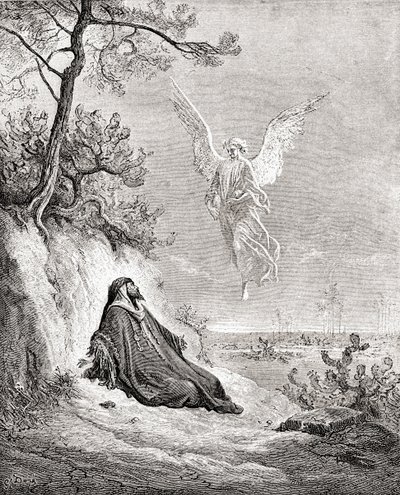 Eliáš živený andělem. Po díle z Bible od Gustava Dorea. Ze života a vzpomínek Gustava Dorea, publikoval 1885. od Gustave Dore