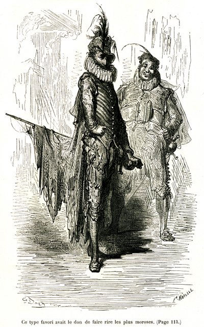 Rytina Gustava Doreho ilustrující román Theophila Gautiera "Kapitán Fracasse". Charpentierovo vydání 1863. Dva komedianti (herci commedie dell