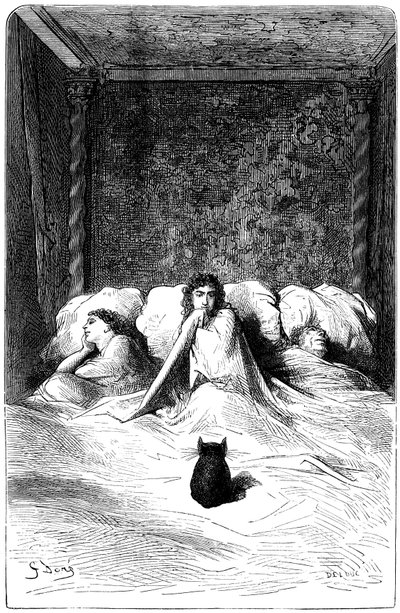 Rytina Gustava Doreho ilustrující román Theophila Gautiera "Kapitán Fracasse". Charpentierovo vydání 1863. V sídle barona de Sigognac, "Chateau de la Misere", našla útočiště tlupa komediantů. Tři herečky usnuly na l od Gustave Dore