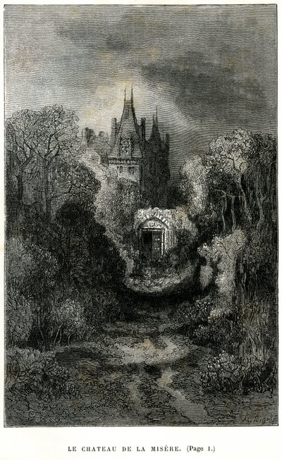Rytina Gustava Doreho na frontispisu románu Theophila Gautiera "Kapitán Fracasse". Charpentierovo vydání 1863. Zámek Chateau de la Misere, sídlo barona de Sigognac. od Gustave Dore