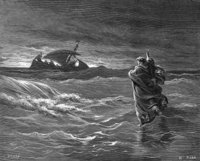 Rytina Ježíše kráčejícího po vodě od Gustave Dore