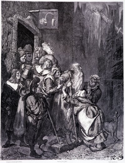 Vstupte do tohoto hostince, deska IV - Ilustrace Gustave Dore (1832-1883), pro putování La legende du Jeif od Pierra Duponta, edice Librairie du magasin malebná, Paříž 1862 od Gustave Dore