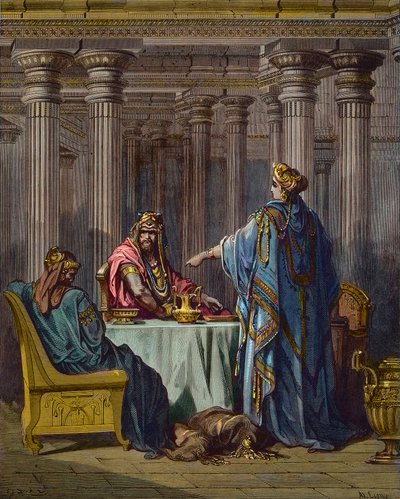 Esther obviňuje Hamana (Aman) - biblické scény, Esther a Aman, dřevorytina Gustava Dore - pozdější kolorování od Gustave Dore