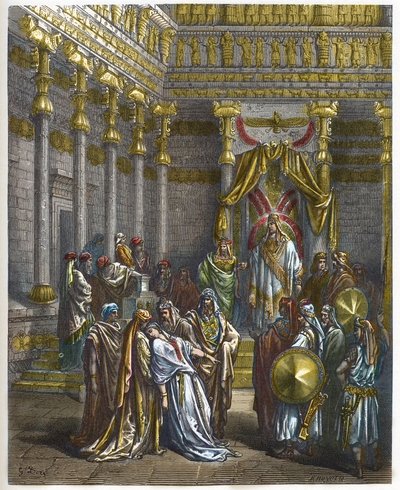 Ester omdlí před perským králem Assuerem 1. (Xerxes 1.) - Královna Ester omdlí před králem Ahasverem - - rytina v „The Bible illustree“ od Gustava Dore (1832-1883) - Rytina z „“ The Dore Bible““ od Gustave Dore