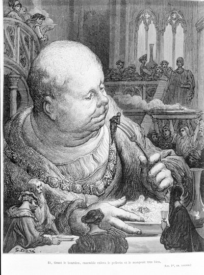 Výtažek z Gargantua (1534) od Françoise Rabelaise (1483 - 1553): A přitáhli čmeláka, společně odstranili pellerin a velmi dobře ho snědli. Rytina od Gustava Dore (1823-1883) od Gustave Dore
