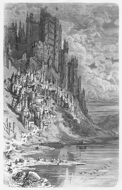 Fantasy krajina s městem a hradem, ilustrace z „Les Contes Drolatiques“ od Honore de Balzac (1799-1850) od Gustave Dore