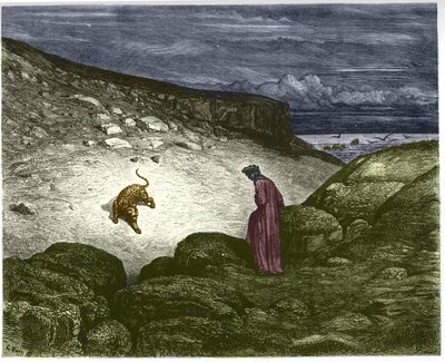 První píseň Hell, a panthere oponuje Danteho pasáži. Ilustrace Gustave Dore od Gustave Dore