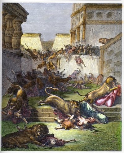 Cizinci pohlcení lvy v Samaří - Starý zákon. Lidé pohlcení lvy v Samaří - rytina v „The Bible illustree“ od Gustava Dore (1832-1883) - rytina z „“The Dore Bible““ od Gustave Dore