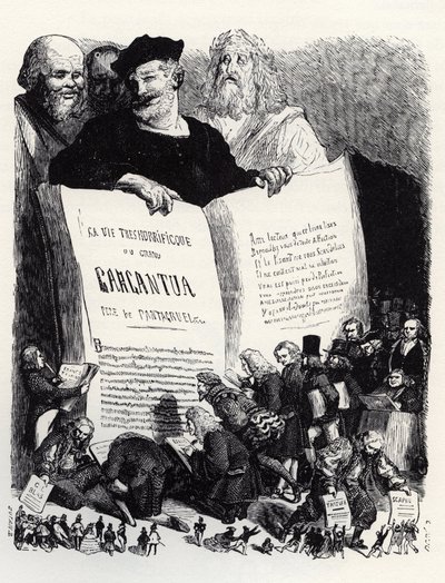 Frontispice vydání z roku 1854 - Ve společnosti starých i moderních spisovatelů představuje Rabelais svůj druhý román - ilustrace z 
