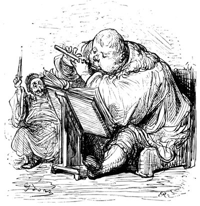 Gargantuovo vzdělání: mladý pán se učí hrát na flétnu u svého učitele hudby. Rytina Gustava Doreho ilustrující Rabelaisovo dílo. od Gustave Dore