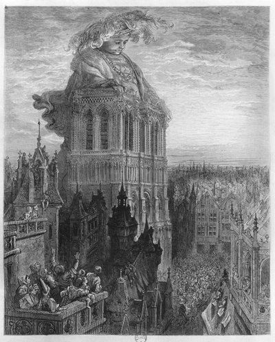 Gargantua na věžích Notre-Dame v Paříži, ilustrace z 