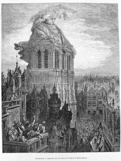 Gargantua spočívající na věžích kostela Panny Marie. Rytina podle díla Gargantua od Françoise Rabelaise (1483 - 1553) od Gustave Dore