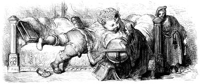 Gargantuovo vzdělání: Obr jako dítě leží na posteli a studuje se svými učiteli glóbus. Ilustrace Gustava Doreho k dílu Francoise Rabelaise. od Gustave Dore