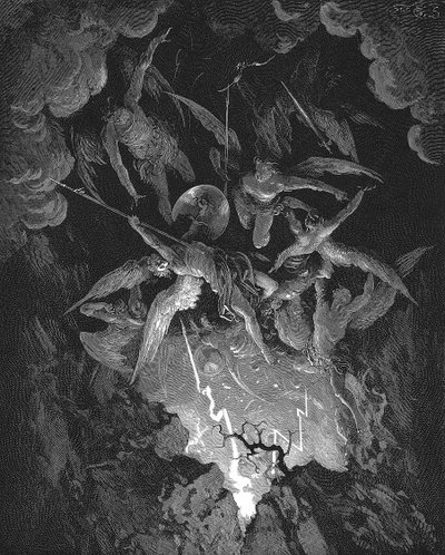 Ilustrace Gustava Dora k epické básni Johna Miltona, která dramatizuje pád člověka, Ztracený ráj (1667), kniha VI. Vzbouření andělé se propadají průrvou v nebeské zdi a vrhají se do pekla. Dřevoryt 1866 od Gustave Dore