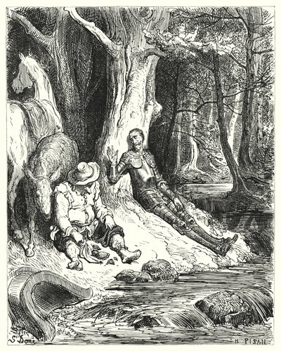Don Quijote Gustava Dorea: „Čistá fontána, kterou Don Quijote a Sancho našli mezi některými zelenými stromy, sloužila k jejich osvěžení“ (rytina) od Gustave Dore