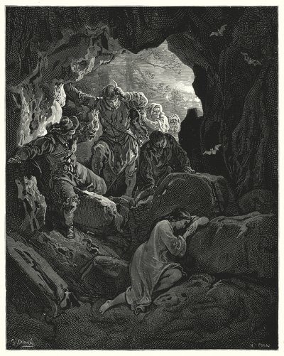 Don Quijote Gustava Dorea: „Je vyslána parta s důstojníky...kteří najdou chudáka Leandru v jeskyni jedné z hor“ (rytina) od Gustave Dore