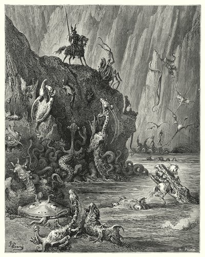 Don Quijote Gustava Dorea: „Rozlehlé jezero vroucí smůly, ve kterém se sem a tam proplouvá nekonečné množství divokých a hrozných tvorů“ (rytina) od Gustave Dore