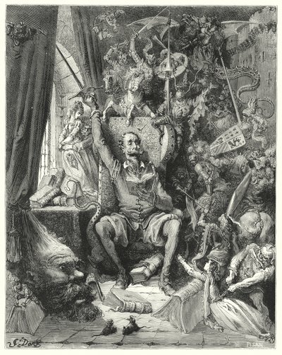 Don Quijote Gustava Dorea: „Svět neuspořádaných představ, vybraných z jeho knih, nacpaných do jeho představivosti“ (rytina) od Gustave Dore