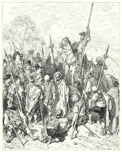 Don Quijote Gustava Dorea: „Podle zákonů zbraní se skutečně zraníte, když si myslíte, že jste uraženi“ (rytina) od Gustave Dore