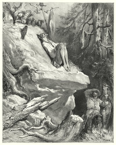 Don Quijote Gustava Dorea: "Běda!" odpověděl Sancho: "Našel jsem ho v košili, štíhlého, bledého a téměř vyhladovělého, vzdychajícího pro svou lady Dulcineu" (rytina) od Gustave Dore