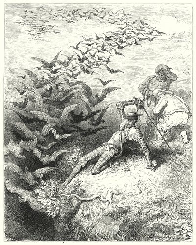 Don Quijote od Gustava Dorea: „Nekonečné množství přerostlých vran a vran se řítilo a třepotalo se z jeskyně“ (rytina) od Gustave Dore