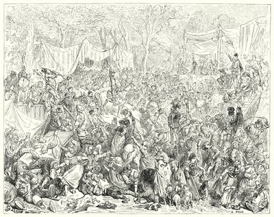 Don Quijote Gustava Dorea: „Příjezd Dona Quijota na svatbu Camacha a Quiterie“ (rytina) od Gustave Dore