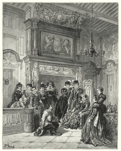 Don Quijote Gustava Dorea: „Na žádost vévodkyně velmi věrně vylíčil celou pasáž pozdního předstíraného očarování“ (rytina) od Gustave Dore