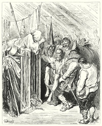 Don Quijote Gustava Dorea: „Nebuď netrpělivý, ó rytíři strašidelné postavy, ve svém uvěznění“ (rytina) od Gustave Dore