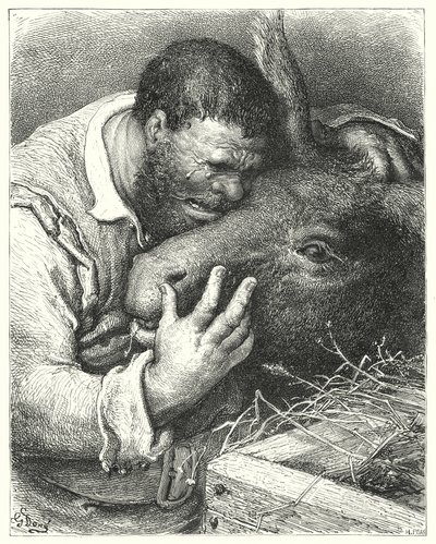 Don Quijote Gustava Dorea: "Pojď sem," řekl, "můj příteli, ty věrný společníku a spoluúčastníku na mých cestách a strastich" (rytina) od Gustave Dore