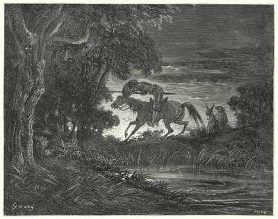 Don Quijote Gustava Dorea: „Don Quijote, doprovázený svým neohroženým srdcem, skočil na Rozinante“ (rytina) od Gustave Dore
