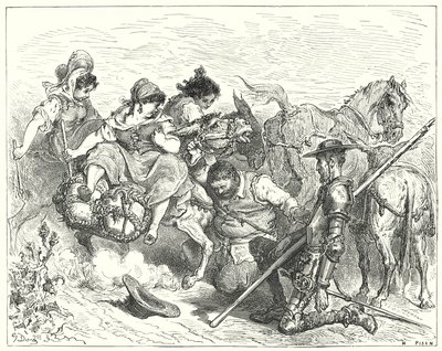 Don Quijote Gustava Dorea: „Don Quijote hleděl pochybnýma a bezútěšnýma očima na stvoření, kterému Sancho říkal královna a dáma“ (rytina) od Gustave Dore
