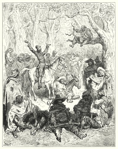 Don Quijote Gustava Dorea: „Don Quijote, nasedl na Rozinante, velmi hojně protestoval proti jejich způsobu života“ (rytina) od Gustave Dore