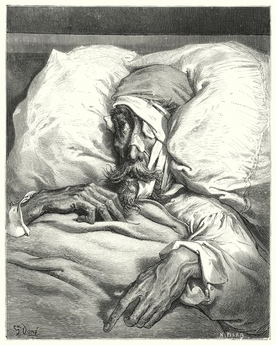Don Quijote Gustava Dorea: „Don Quijote, takto nešťastně zraněný, byl extrémně zasmušilý a melancholický“ (rytina) od Gustave Dore