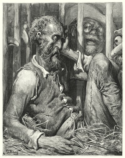Don Quijote Gustava Dorea: „Don Quijote nebyl ani tak ohromen svým okouzlením, jako spíše jeho způsobem“ (rytina) od Gustave Dore