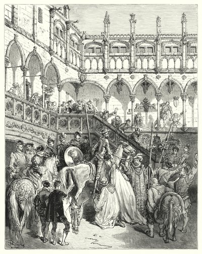 Don Quijote Gustava Dorea: „Jdi, velký a mocný pane,“ řekli, „a pomoz mé paní vévodkyni dolů“ (rytina) od Gustave Dore