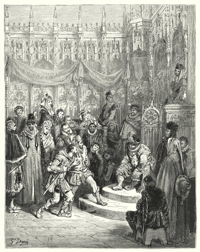 Don Quijote Gustava Dorea: „Guvernér Sancho Panza vykonávající spravedlnost“ (rytina) od Gustave Dore