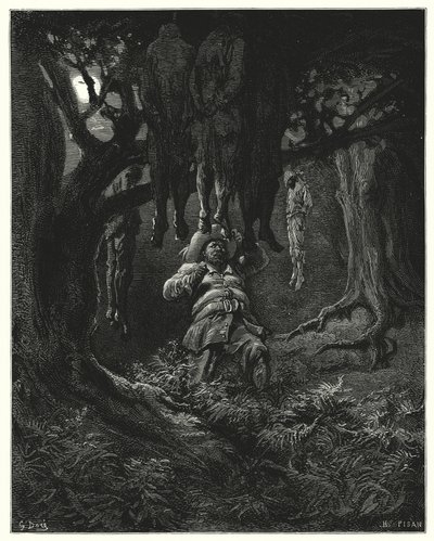 Don Quijote Gustava Dorea: „Zavolal na Dona Quijota o pomoc“ (rytina) od Gustave Dore