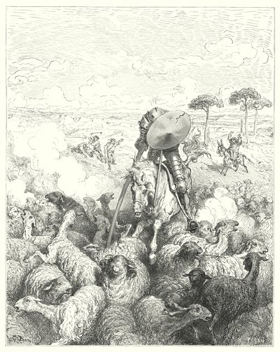 Don Quijote Gustava Dorea: „Zaútočil na eskadru ovcí“ (rytina) od Gustave Dore
