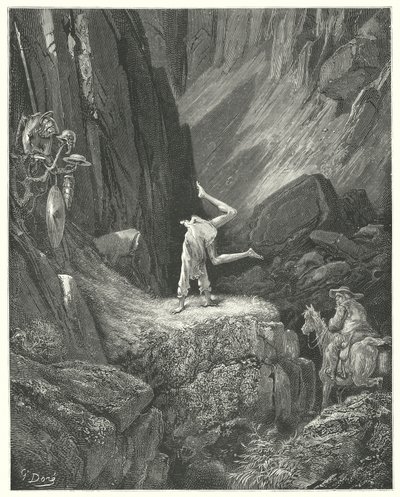 Don Quijote Gustava Dorea: „Dva nebo tři švihy ve vzduchu, pak se nadhodil na ruce a dvakrát si dal podpatky přes hlavu“ (rytina) od Gustave Dore