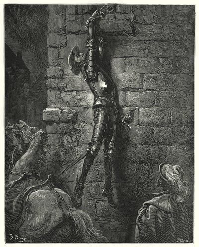 Don Quijote Gustava Dorea: „Nevyhnutelně spadl na zem, pokud jeho zápěstí nebylo bezpečně připevněno k provazu“ (rytina) od Gustave Dore