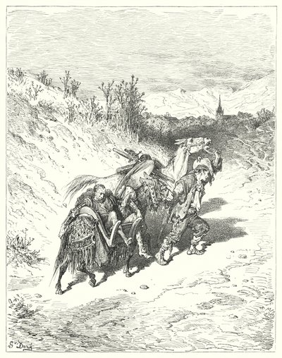 Don Quijote Gustava Dorea: „Všechny je vedl směrem k vesnici a sám se vlekl stopu, velmi zamyšlený“ (rytina) od Gustave Dore