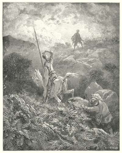 Don Quijote Gustava Dorea: „Spatřil na vrcholu kamenité skály těsně před sebou muže, který s úžasnou hbitostí skákal ze skály na skálu“ (rytina) od Gustave Dore