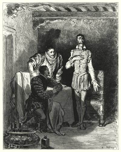 Don Quijote Gustava Dorea: „Vyprávěl pánům celý příběh o jejím očarování“ (rytina) od Gustave Dore